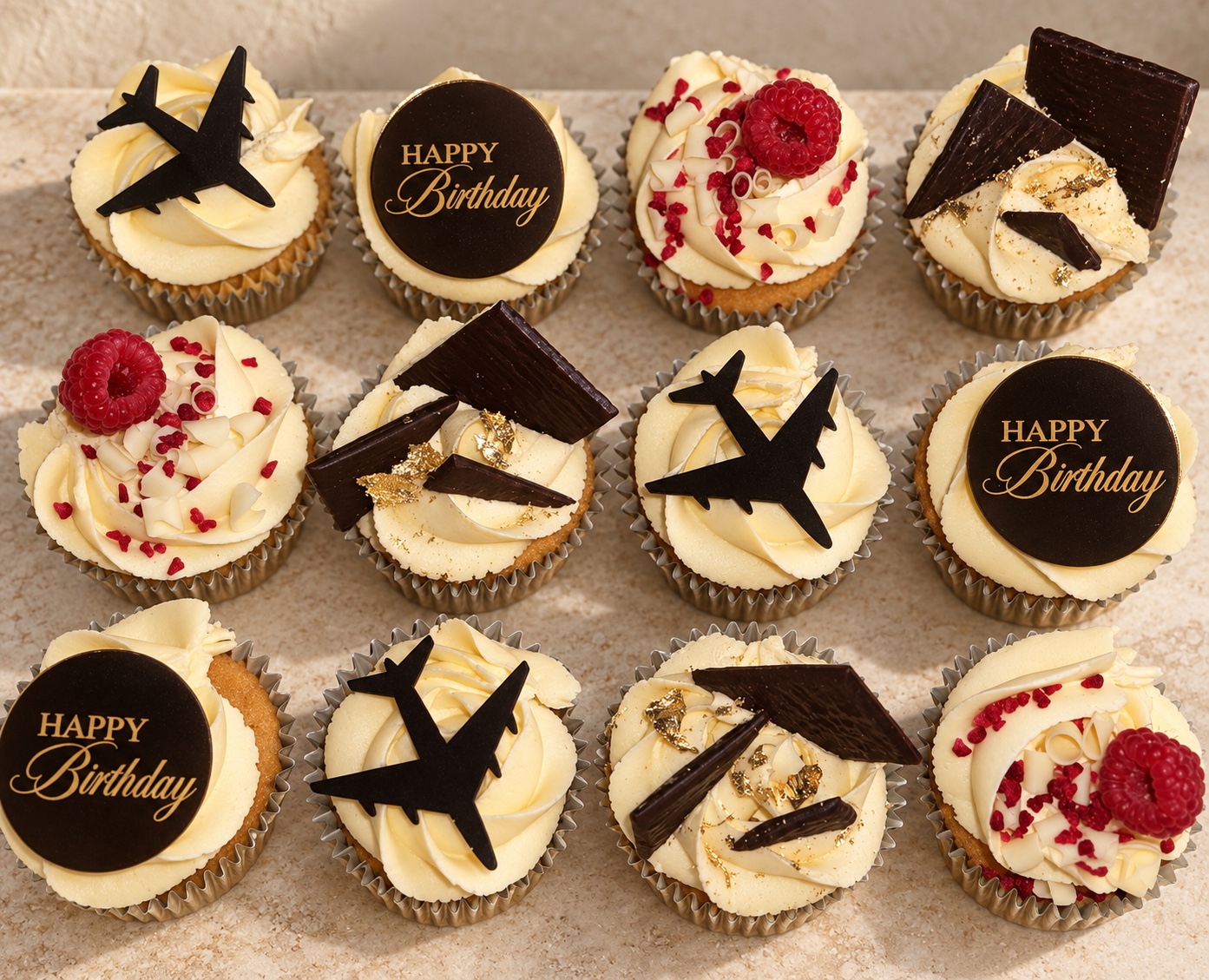 Box of cream cupcakes with personalised birthday toppers